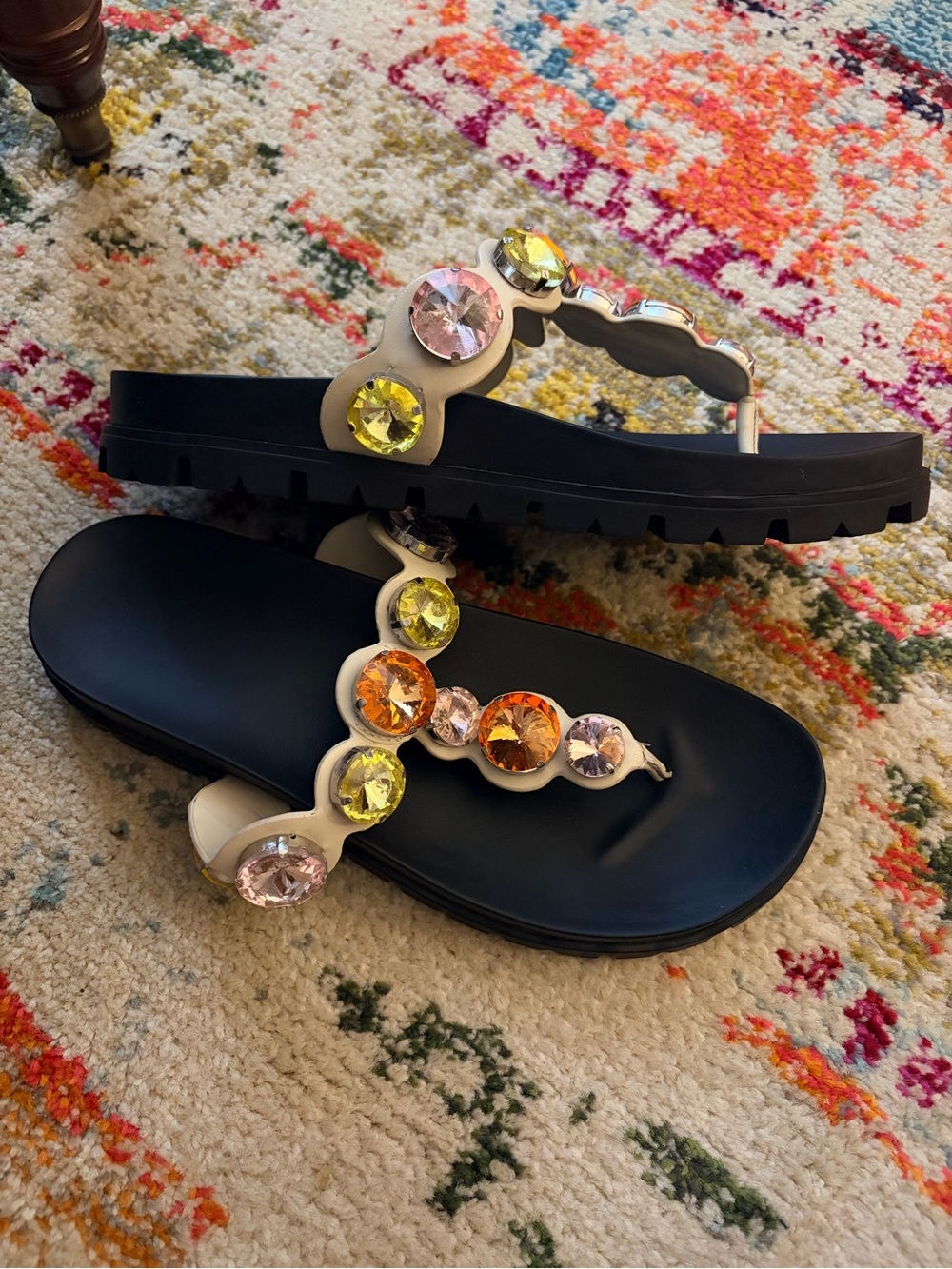 Gianni Bini Black Thong Sandals with Multicolor Gem Accents - Picture 2 of 3